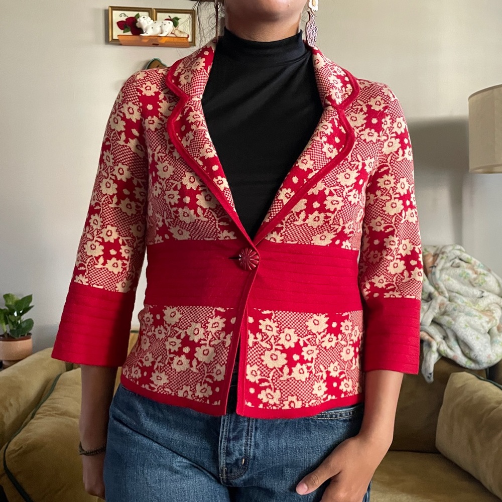 Anthropologie Moth Cotton Blend Red Floral Cardigan Jacket